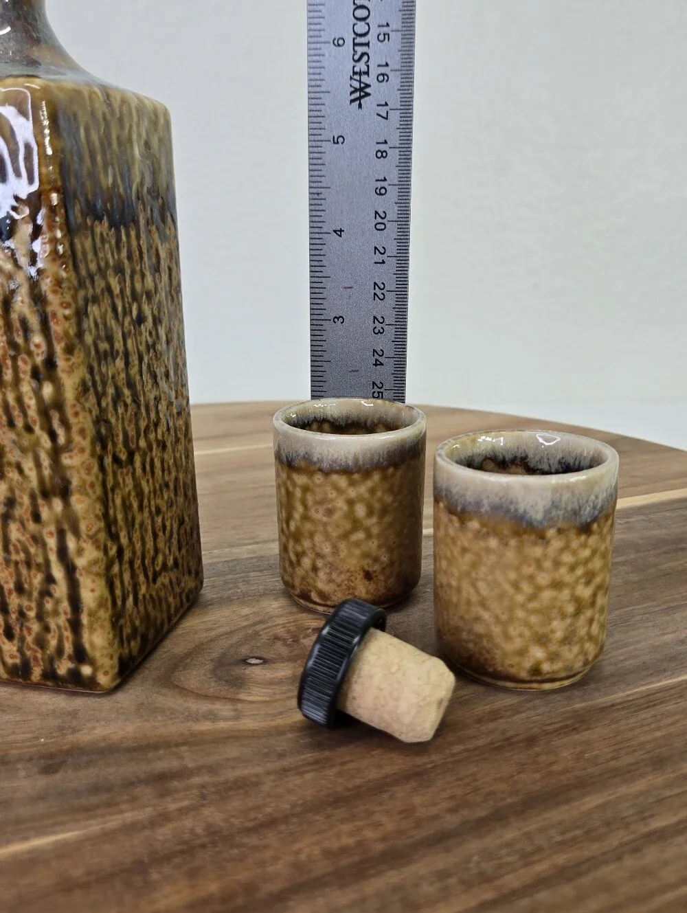Vintage Japanese Stoneware Sake Drink Set Pottery Brown Lava Drip Glaze Set